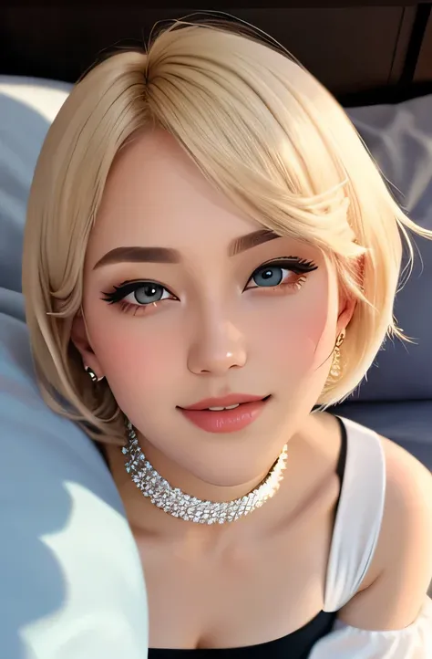 Amazing portrait of a sexy and cute woman with a beautiful face and an intense gaze smiling at us and blushing with her short blonde hair in a bob wearing some elegant earrings and a white full sleeve crop top showcasing her cleavage and a denim miniskirt ...