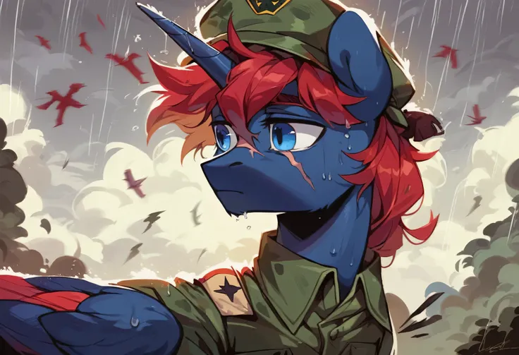 Male alicorn pony, black fur, long red hair, deep blue eyes, red feathers on wings, scar over left eye, red striping, vietnam-era helicopter pilot uniform, boonie hat, in a swamp, explosion in background, raining, wet hair, thousand-yard stare, close-up po...