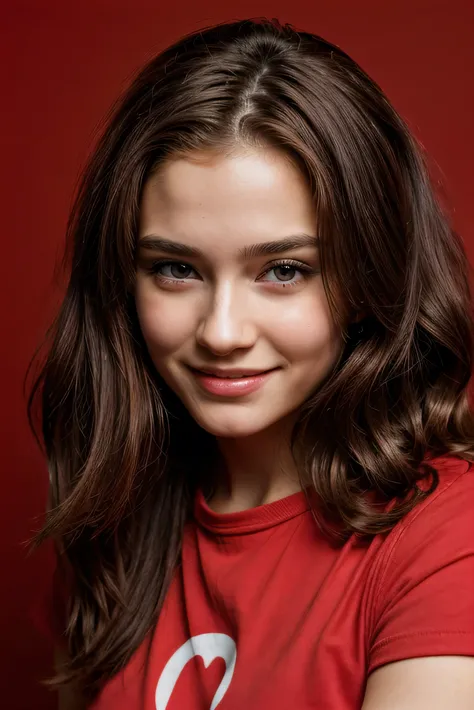 Beautiful , 14 years old, with beautiful face, face perfect, coloring hair ,Fantastic smile, with red background ,clothes a little vulgar 