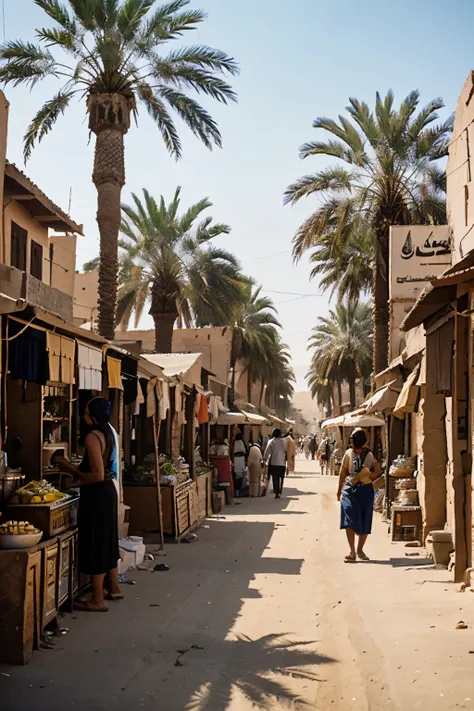 The streets of an Egyptian village between the Nile and the desert around 1930, with palm trees and a lively bazaar with many people.