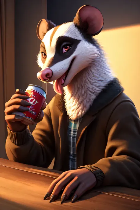 solo, anthro, opossum, badger, happy, tongue out, teeth showing, smiling, holding can drink, soft, male, sitting at table, holding detailed hands, five fingers, lookin at viewer, silly, eyelashes, hooves, skinny, front view, cinematic angle,detailed facial...