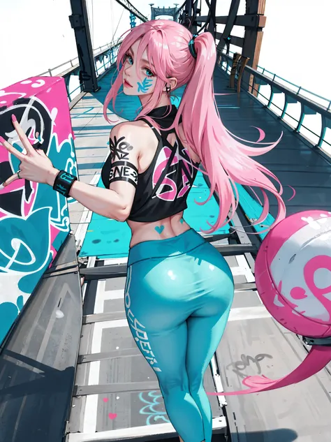  masterpiece, Highest quality, Beautiful 25 year old woman, Long Hair, (Adult face:1.4), 1. Female, alone, Crop top, Fitness Leggings, collar, (From behind:1.4), Fucking ass, Thick thighs, Narrow waist, (Graffiti on bridge deck:1.5), Under the elevated, Pu...