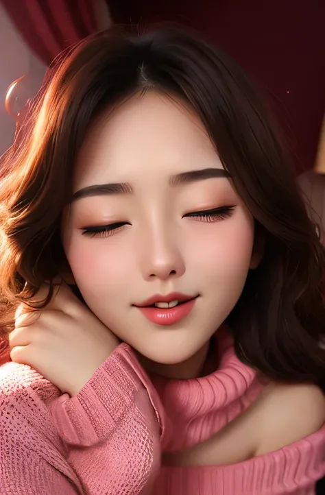 Sexy woman, eyes closed, mouth open, very deep blush, tip of the nose is red, long neck, off shoulder pink sweater, medium chest, visible cleavage, bedroom, warm lighting ,in bed