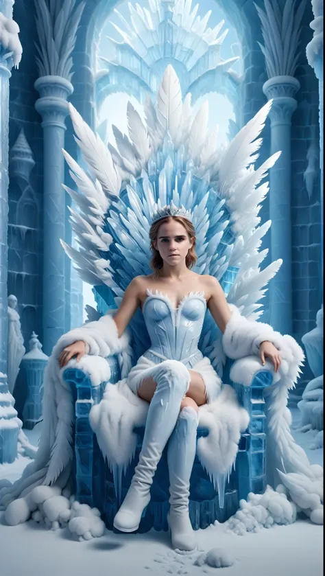 arafed woman sitting on the throne with white feathers, emma watson as the ice queen, on the ice throne, сидя on the ice throne,...