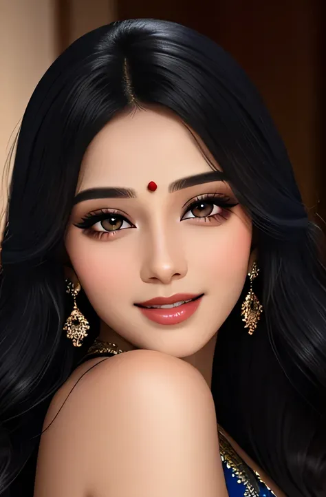 Amazing portrait of a sexy woman with a beautiful face having long straight black hair with detailed eyes and detailed lips wearing some elegant earrings and a navy blue saree with silver embroidery as shes seductively gazing and smiling and blushing inten...