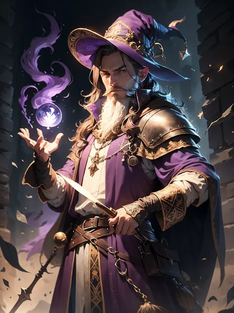 medieval wizard in action pose, with a purple clothes