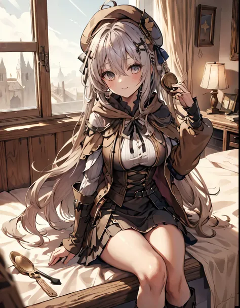 masterpiece,1girl, sparrow, a silver haired girl, wearing a medieval villager clothes, curly long hair, messy hair, black skirt,...