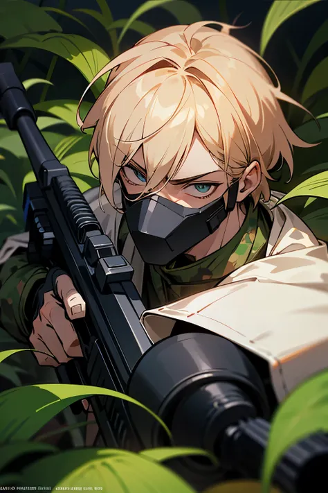 Sniper Muda, a lone figure in the shadows, camouflaged in the dense foliage. His eyes, sharp and focused, scan the distant landscape through the scope of his high-tech sniper rifle. Dressed in a tactical suit, his body is slender and agile, a testament to ...