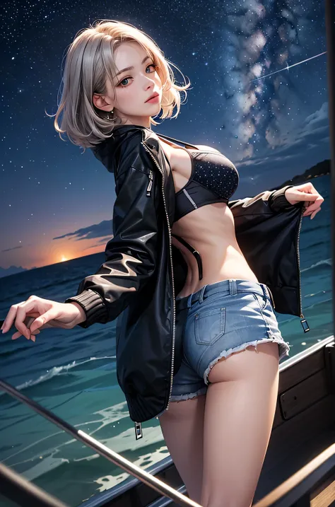 (masterpiece:1.5, Highest quality, Very detailed、 Dutch Angle、Realistic、2.5D、Realistic)(One Girl, Sports Girl)(Grey Hair:1.6,,short hair)(Sports Bra、Jacket:1.5、Shorts、肩にJacketをかける)、((medium breasts, Beautiful cleavage,underboob))(from backside),(Beautiful ...