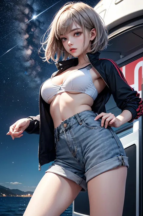 (masterpiece:1.5, Highest quality, Very detailed、 Dutch Angle、Realistic、2.5D、Realistic)(One Girl, Sports Girl)(Grey Hair:1.6,,short hair)(Sports Bra、Jacket:1.5、Shorts、肩にJacketをかける)、((medium breasts, Beautiful cleavage,underboob))(from backside),(Beautiful ...