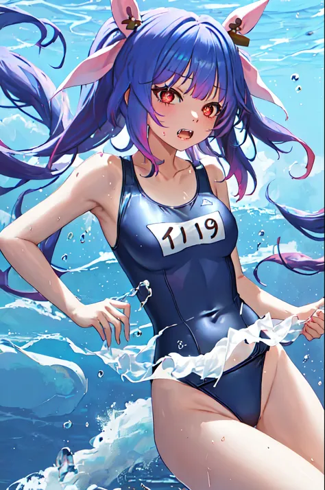 Highest quality, masterpiece, High resolution, alone, {I19_Fleet Collection:1.15}, Long Hair, Blue Hair, ribbon, ヘアーribbon, red_eye, tw private nta private ls, chest, big_chest, symbol-shaped_pup private ls, Swimsuits, 学校Swimsuits, ワンピースSwimsuits, Open_mou...