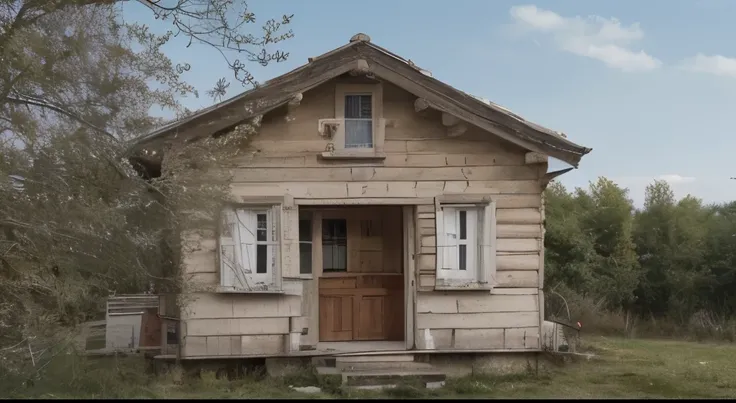 Cabane dans les bois au printemps，entouré de fleurs et de papillons，Ciel bleu et nuages blancs，