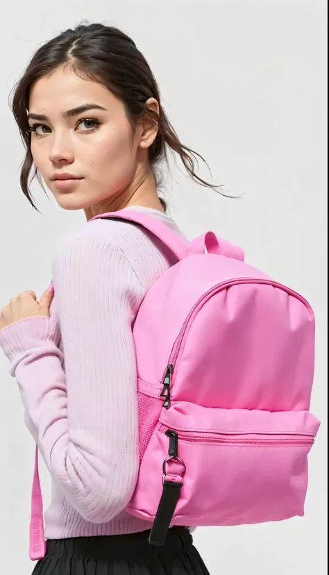 a woman in a pink sweater and black skirt holding a pink Mochila, Mochila, o saco da escola, a Mochila, with a Mochila, wearing strawberry Mochila, néon rosa pastel, Rosa neon, roupas rosa,  Rosa, dayglo rosa, vibração rosa, bolsas, detalhes rosa e rosa, 🤬...