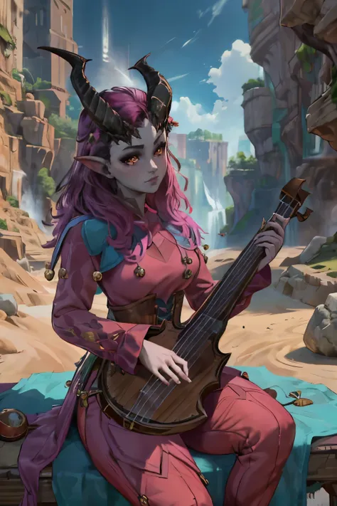 score_9, score_8_up, score_7_up, 1girl, solo, full body, detailed scenery, detailed background, high details, alfira, alfiraoutfit, colored sclera, black sclera, playing instrument, tavern, solo focus, milf, detailed face, expressiveh,(( horns, ))