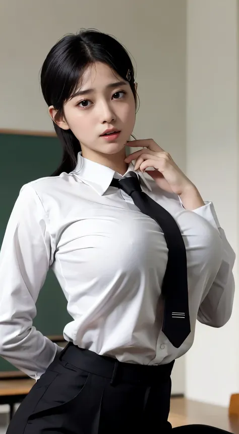 Highest quality、Ultra-high resolution、Raw photo、Professional Lighting、Detailed Background、In the classroom、((whole body)), 18-year-old female, Kobeni-chan、cute, Pure black hair, Black-haired, Bans, One-sided hair,、(Red Hair Clip:1.1),Brown eyes、(White coll...