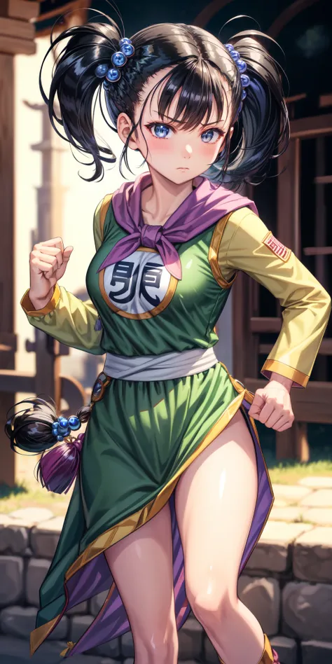 masterpiece, best quality, 4k, 8k, fighter (dq3), 1girl, solo, long hair, twintails, looking at viewer, black hair, hair ornament, long sleeves, dress, medium breasts, closed mouth, cowboy shot, black eyes, chinese clothes, hair bobbles, clenched hand, Pun...