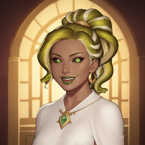 (((beautiful, high quality, perfect eyes, comics style, semi-realistic, detailed face))), upper body, score_9, score_8_up, score_7_up, | ((colored sclera, black sclera, slit pupils, scales)), 1woman, mature, (((sn4k3h41r, snake hair, ponytail))), Very ((da...