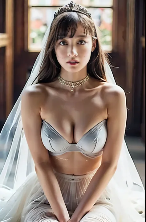 naked,Like the whole body," shape, Brides outfit without shoulder straps,small silver tiara,huge ,sloppy and droopy breasts, Her heavy breasts are almost completely exposed ,Fully visible bust,Sheer princess skirt,Church wedding,There is a large crowd of p...