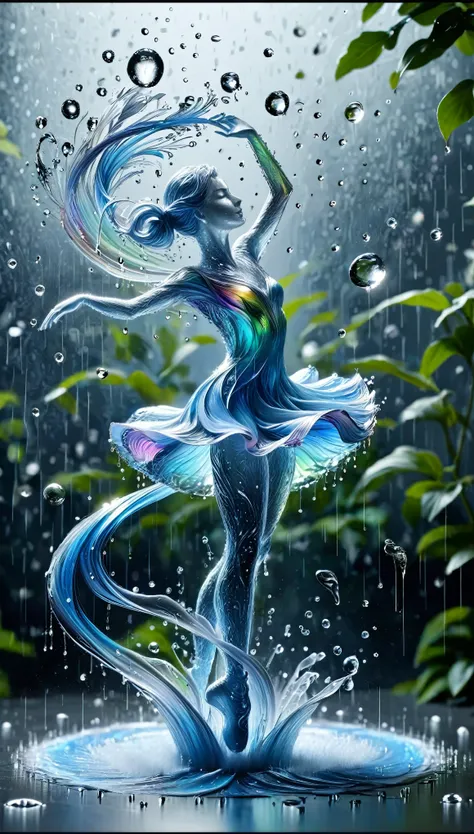 Dessiner sur une feuille, Dessiner une danseuse 4D de style encre uhd époustouflante et à couper le souffle, danseuse invisible déshabillée dansant sous la pluie, L’eau de pluie d’une personne invisible coule sur elle , Jour de pluie, effet holographique...
