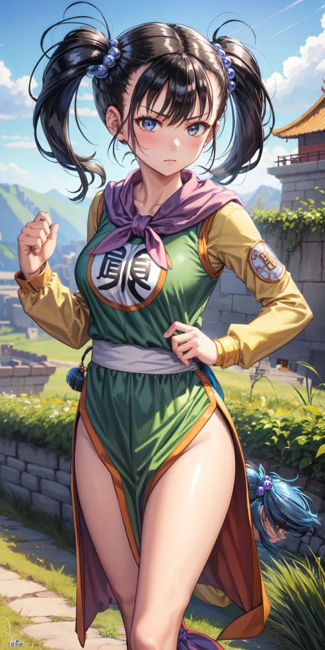 masterpiece, best quality, 4k, 8k, fighter (dq3), 1girl, solo, long hair, twintails, looking at viewer, black hair, hair ornament, long sleeves, dress, medium breasts, closed mouth, cowboy shot, black eyes, chinese clothes, hair bobbles, clenched hand, Pun...
