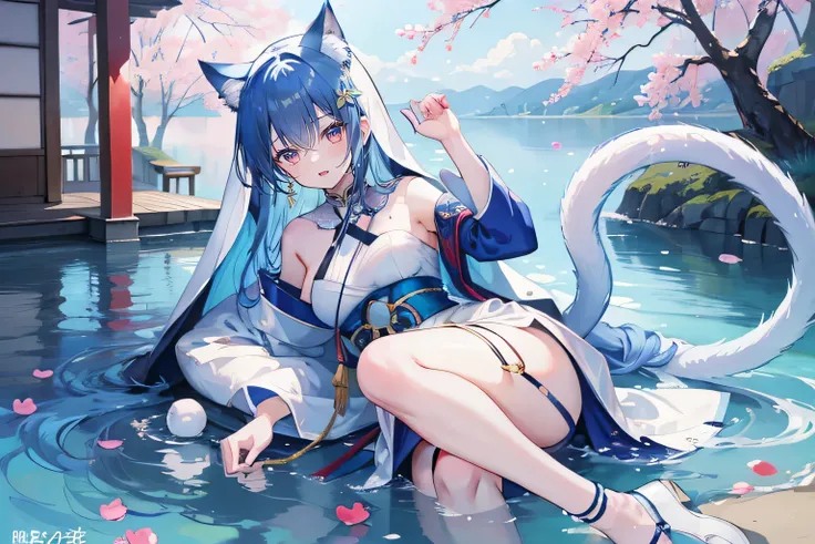 （masterpiece：1.2），Super detailed，lifelike，Expressive eyes，fair skin，perfect face shape，1 girl，
Japanese comics,Gorgeous blue hair,flowing blue hair,flowing clothes,Cat ears,Petals fall,beautiful lola,Baby Angel,
Shaking head with one hand，Cross your legs，G...