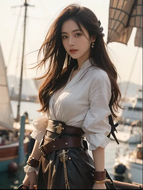 Beautiful Japanese Waifu, early 30s, brunette hair, pirate costume, harbour in background 