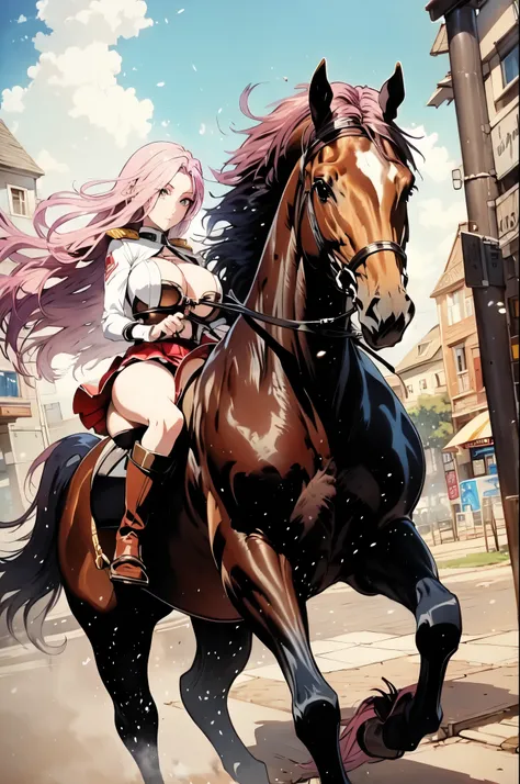 ((best quality)), ((anime masterpiece)), (high detailed), 8k, cinematic lighting, perfect face, large breast, cleavage, 1girl riding a BROWN HORSE, tied hair, {pink hair}, (sexy red uniform, black miniskirt, bare legs, black boots), (brown horse, saddle, r...