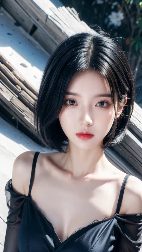 best quality, 1 Girl, dark blue hair, black eyes, Very short hair, Spiky hair, wears sweet red red dress body slim luxury，A cropped dress, 171 cm, Messy hair, Hair between the eyes, Tomboy, aldult, 20 years old, A sweet girl by the mountain