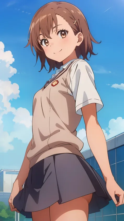 (masterpiece, best quality, 8k:1.2),(anime:1.1), misaka_mikoto, brown hair, short hair, hairpin, small breasts, school_uniform, 1girl, tokiwadai_school_uniform,smile,blue sky, cowboy shot, looking at viewer,