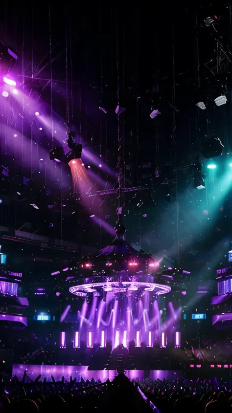 The background features a massive stage setup, concert dome, laser light purple and an elaborate set design. Dramatic lighting creates a mesmerizing atmosphere. Portrays a rock concert scene full of joy and lively atmosphere，The audience with their hands i...