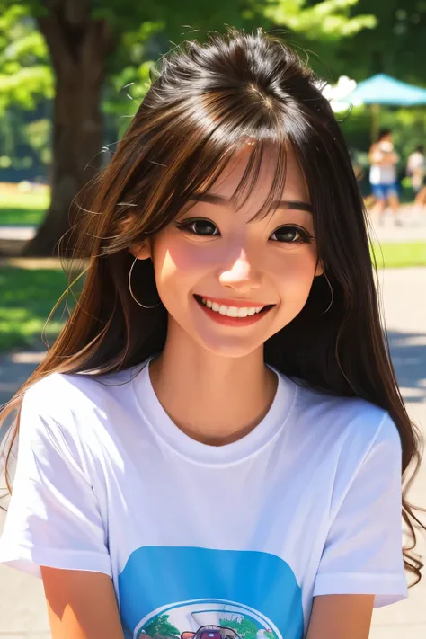 Holding a cute Italian Greyhound、Japanese girl、Girl in white T-shirt、A happy smile、Park Background