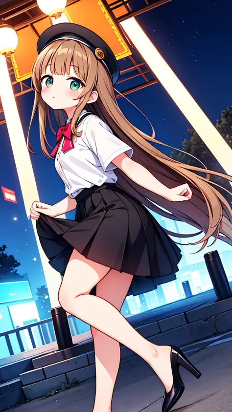 {Highest quality], [Super beautiful], [Ultra fine], [Best illustration],Brown Hair,Hime cut,semi-long,Bangs,girl,Uniform cap,White Shirt,Short sleeve,Long black skirt,Night Park,Blushing,Slender women, A woman wearing plain black pumps,Bare feet and pumps,...