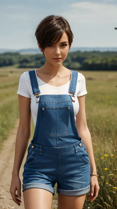 Incredibly beautiful woman with a (short denim dungarees) and width of straps. Exposed legs, very short dungarees, short tight white top underneath. small breasts, cleavage, very realistic, thin woman, slender legs, legs apart, tanned skin. short hair tous...