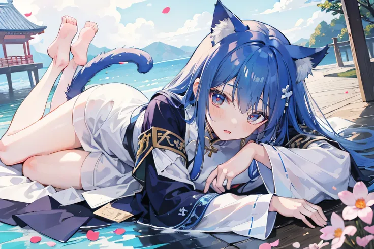 （masterpiece：1.2），Super detailed，lifelike，Expressive eyes，fair skin，perfect face shape，1 girl，
Japanese comics,Gorgeous blue hair,flowing blue hair,flowing clothes,Cat ears,Petals fall,beautiful lola,Baby Angel,
Shaking head with one hand，Cross your legs，G...