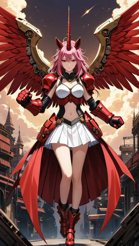 unicorn horn，metal spiral sharp corners,in style of Santiago Caruso,
huge mechanical angel wings,mechanical_halo,1 girl,mechanical wrist,mechanical skirt with pleated skirt,(huge makeover mechanical fists:1.5),the fist flashed red,