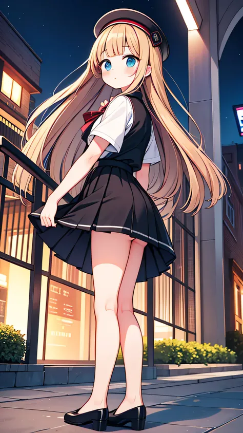 {Highest quality}, {Super beautiful},{Ultra fine},{Best illustration},Brown Hair,Hime cut,semi-long,Bangs,girl,Uniform cap,White Shirt,Short sleeve,Long black skirt,Night Park,Blushing,Slender women, A woman wearing plain black pumps,Bare feet and pumps,St...