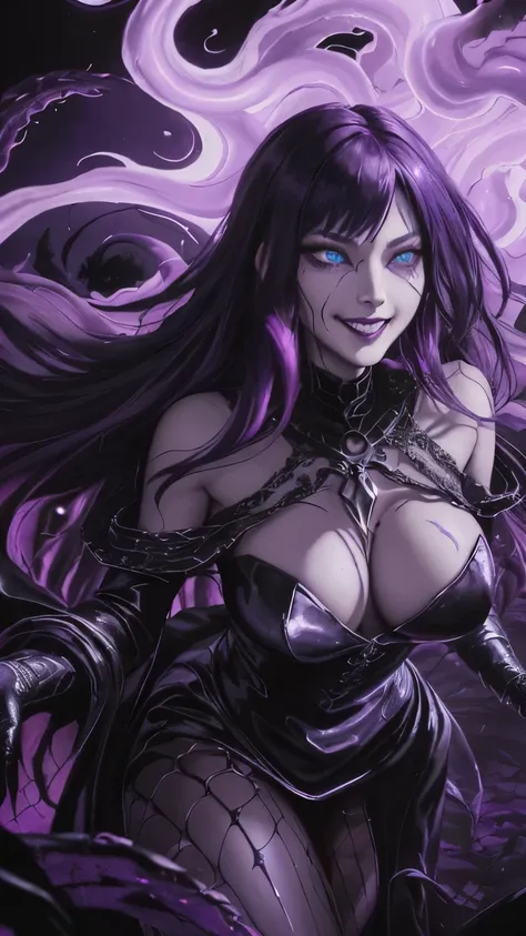 Esoteric arachnids lady, Spider Queen Elise, League of Legends, Esoteric arachnids, Combat Stance, ( body formed from metallic mauveine and metallic black liquid metallic paint twisting into a beautiful interpretation of the female figure), length, Sharp F...