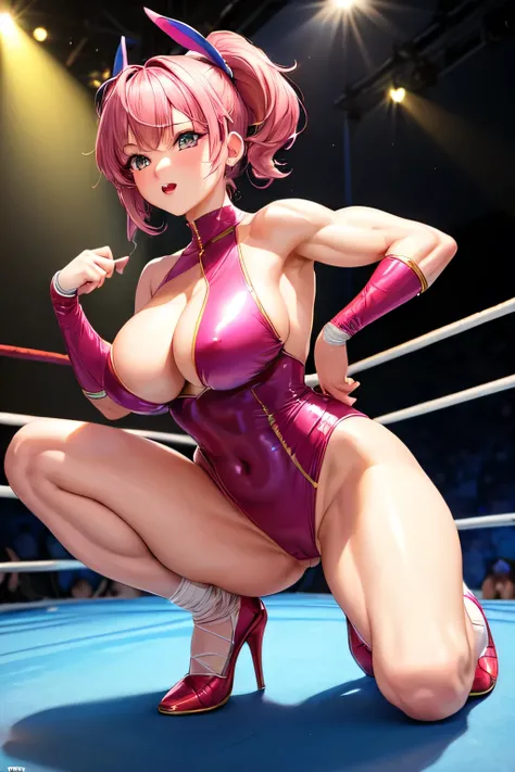 ((Highest quality)), ((masterpiece)), (detailed), One girl, sexy、Female professional wrestler、Muscular body、Big Tits、Big Butt、A flashy high-leg leotard costume、Pink Hair(Her hairstyle is very short.)On the Ring、Crouching with legs apart、The costume is digg...