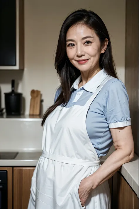 (masterpiece:1.4),(63-year-old woman:1.5),(facial wrinkles 1.2), (mid-length hair : 1), A kind smile,maternal, Mature Woman, (white apron : 1.3), (short sleeve collared uniform : 1.2), acnes, skin blemishes, fleckles,(plump arms : 1.3), kitchen