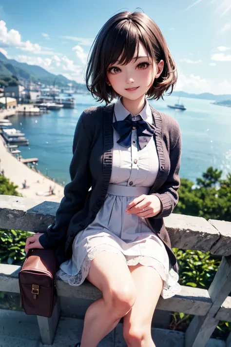 very cute and beautiful girl,(highly detailed beautiful face),
frilled white summer dress with detailed lace,(navyblue cardigan),standing,
hilltop,harbor,town overview,marina,distant ocean background,island,beautiful summer sky,
(smile:1.2),happy,black hai...