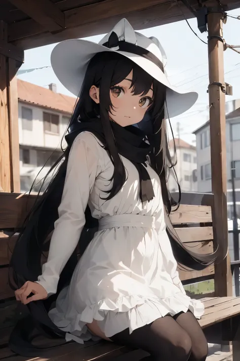 A beautiful 14 year old girl with feline features with long black hair and hazel eyes. In a knee-length white dress with black pantyhose, brown boots and a long black scarf with the folds back. With a wide-brimmed white hat