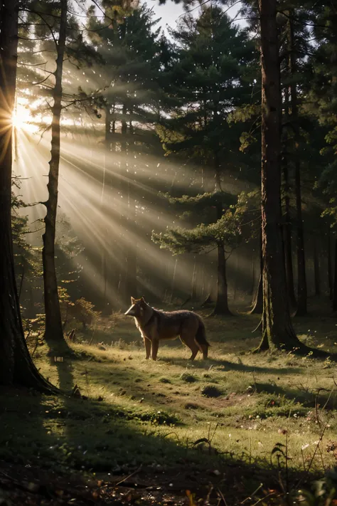 Landscape with forest, mist and the sun passing through the trees. At the bottom of the forest you can see a big wolf looking at us 