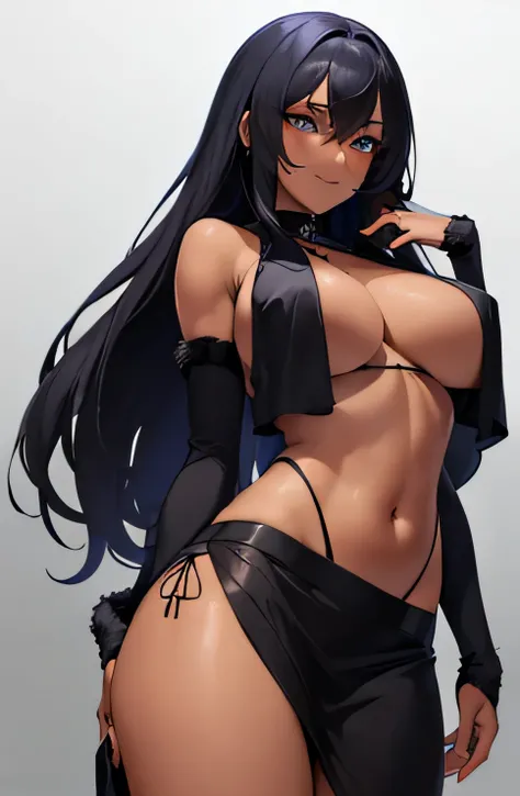 (Masterpiece, Best Quality:1.2), (detailed anime eyes and detailed face and eyebrows) well proportioned full body of a girl, ((hands behind her)), Dark skin, (silky black fur), blue eyes, SMILE, sleeveless, (Gray tight skirt), sexy hips, exposed breasts