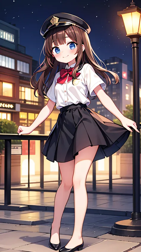 {Highest quality}, {Super beautiful},{Ultra fine},{Best illustration},Brown Hair,Hime cut,semi-long,Bangs,Standing Woman,Uniform cap,White Shirt,Short sleeve,Long black skirt,Night Park,Embarrassed,smilingly,Blushing,Slender women, A woman wearing plain bl...