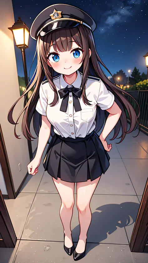 {Highest quality}, {Super beautiful},{Ultra fine},{Best illustration},Brown Hair,Hime cut,semi-long,Bangs,Standing Woman,Uniform cap,White Shirt,Short sleeve,Long black skirt,Night Park,Embarrassed,smilingly,Blushing,Slender women, A woman wearing plain bl...