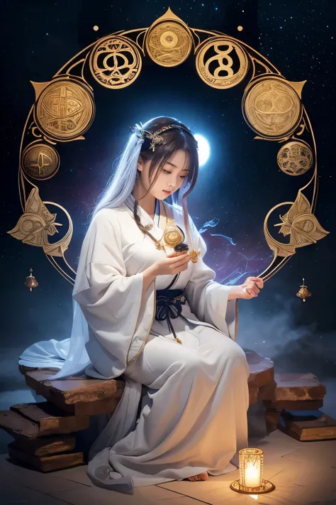 Create a detailed illustration of Ame-no-Sagume no Mikoto, the Japanese goddess of prophecy and divination. She should be depicted as a mysterious and ethereal figure, embodying the power of foresight and mysticism. Her attire should be traditional Japanes...