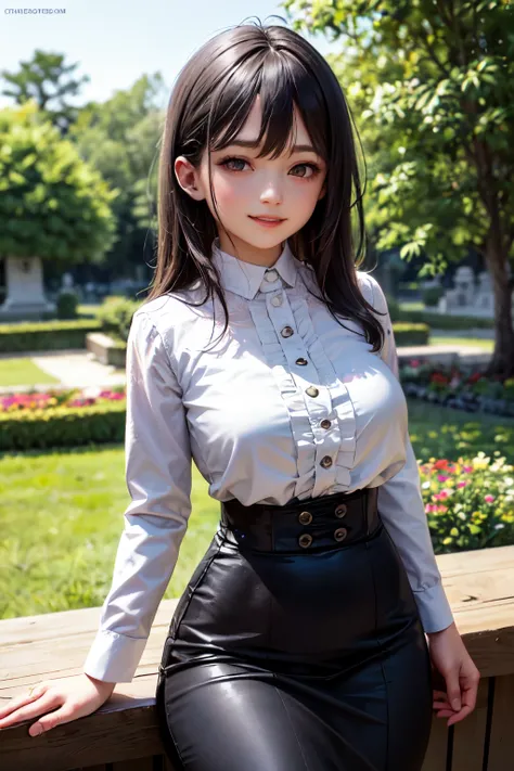 very cute and beautiful girl,(highly detailed beautiful face and eyes),(smile:1.2),happy,
black hair,looking at viewer,arms behind back,beautiful legs,cowboy shot,
white blouse,long sleeve,elegant high-waist navy blue skirt with detailed frills,detailed fl...