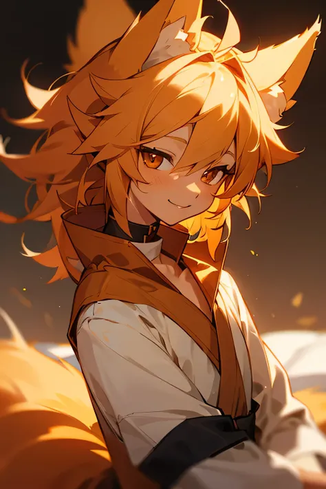 A Foxboy With Light Skin And cinnamon Colored Fox Ears, Hair and Tail with a gentle smile on his face