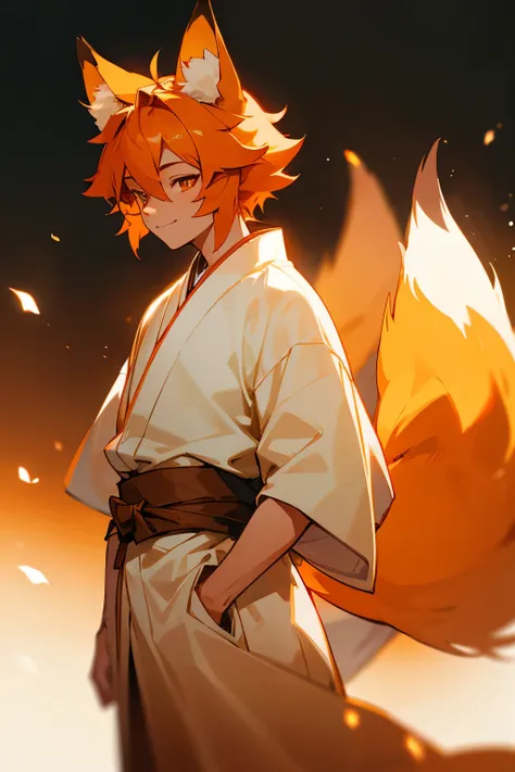 A Foxboy With Light Skin And cinnamon Colored Fox Ears, Hair and Tail with a gentle smile on his face, wearing a white and orange kimono