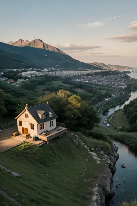 A small house on the hill next to a man was fishing